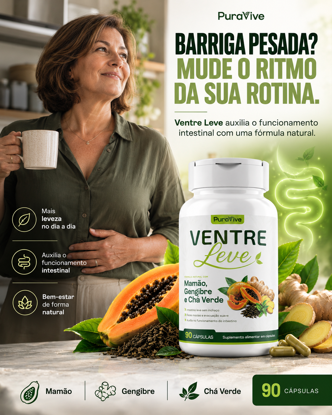 Ventre Leve Suplemento Natural com Mamão, Gengibre e Chá Verde - Pura Vive