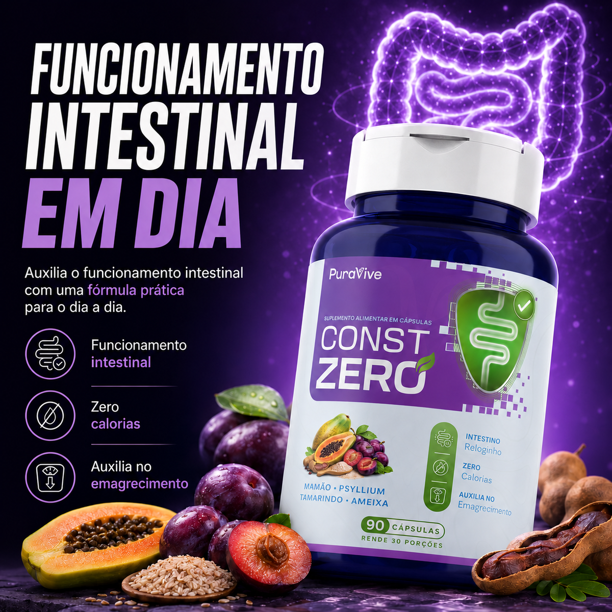 ConstZero Suplemento Natural para Constipação em Cápsulas - Pura Vive