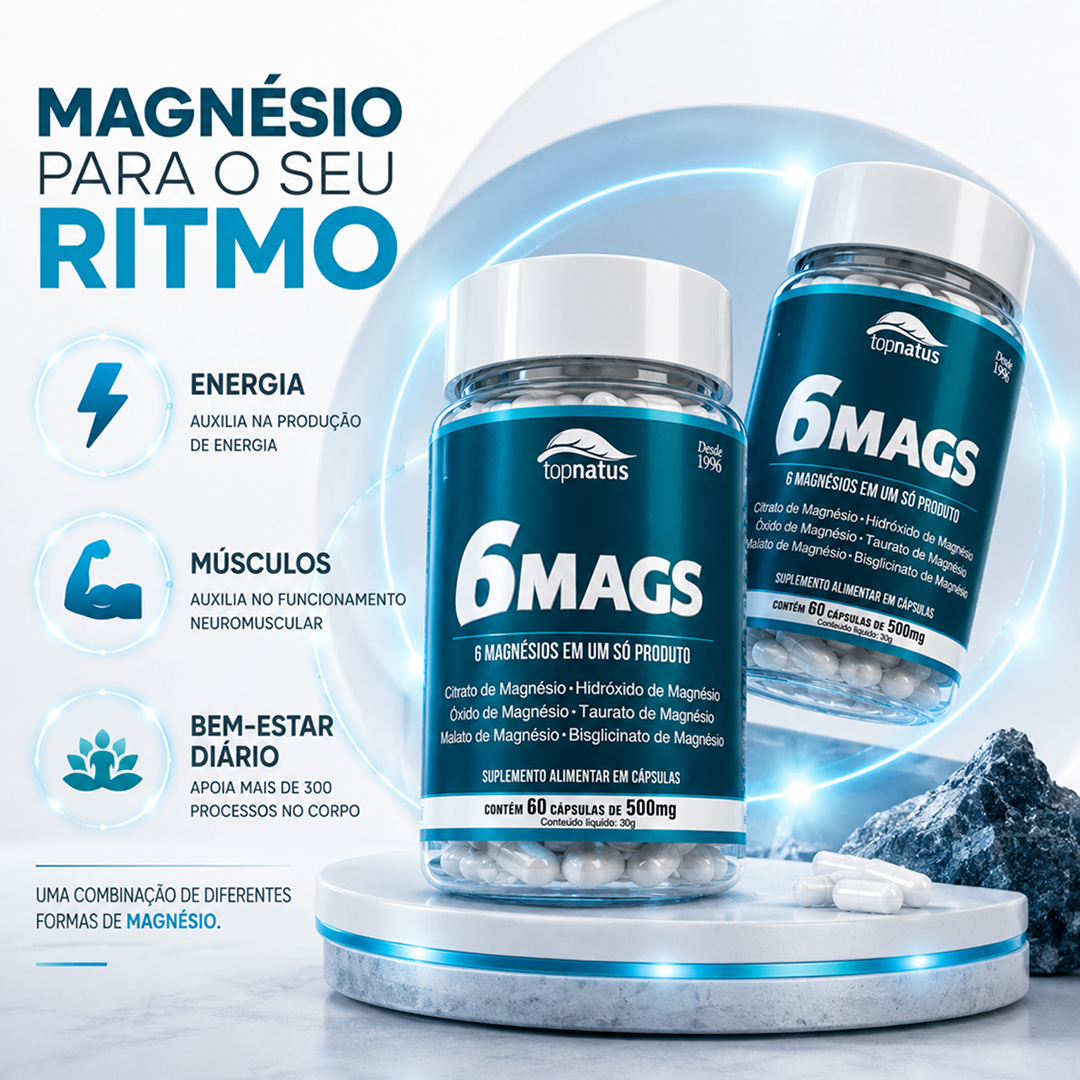Suplemento de Magnésio 6 em 1 para Energia e Cãibras - 6 MAGS