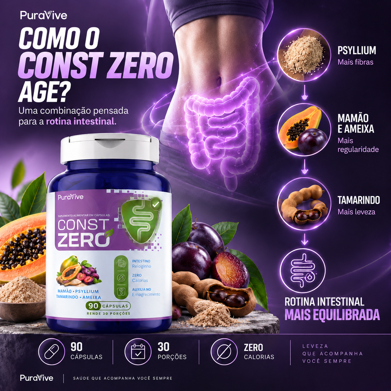 ConstZero Suplemento Natural para Constipação em Cápsulas - Pura Vive