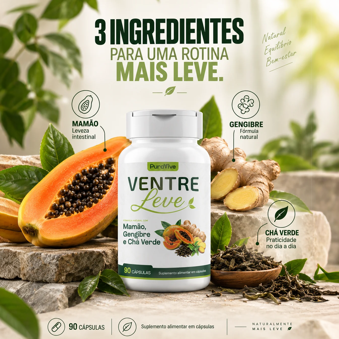 Ventre Leve Suplemento Natural com Mamão, Gengibre e Chá Verde - Pura Vive